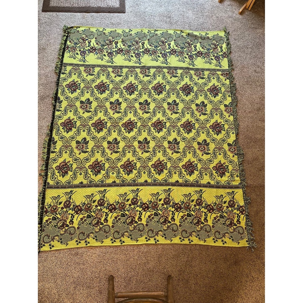 Vintage Woven Tapestry Throw Blanket Floral Damask Fringed Chartreuse 80x60